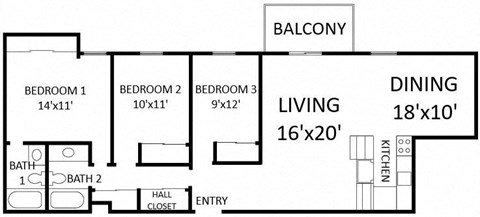 Floor plan for 3 beds, 2 baths, 1208 sqft